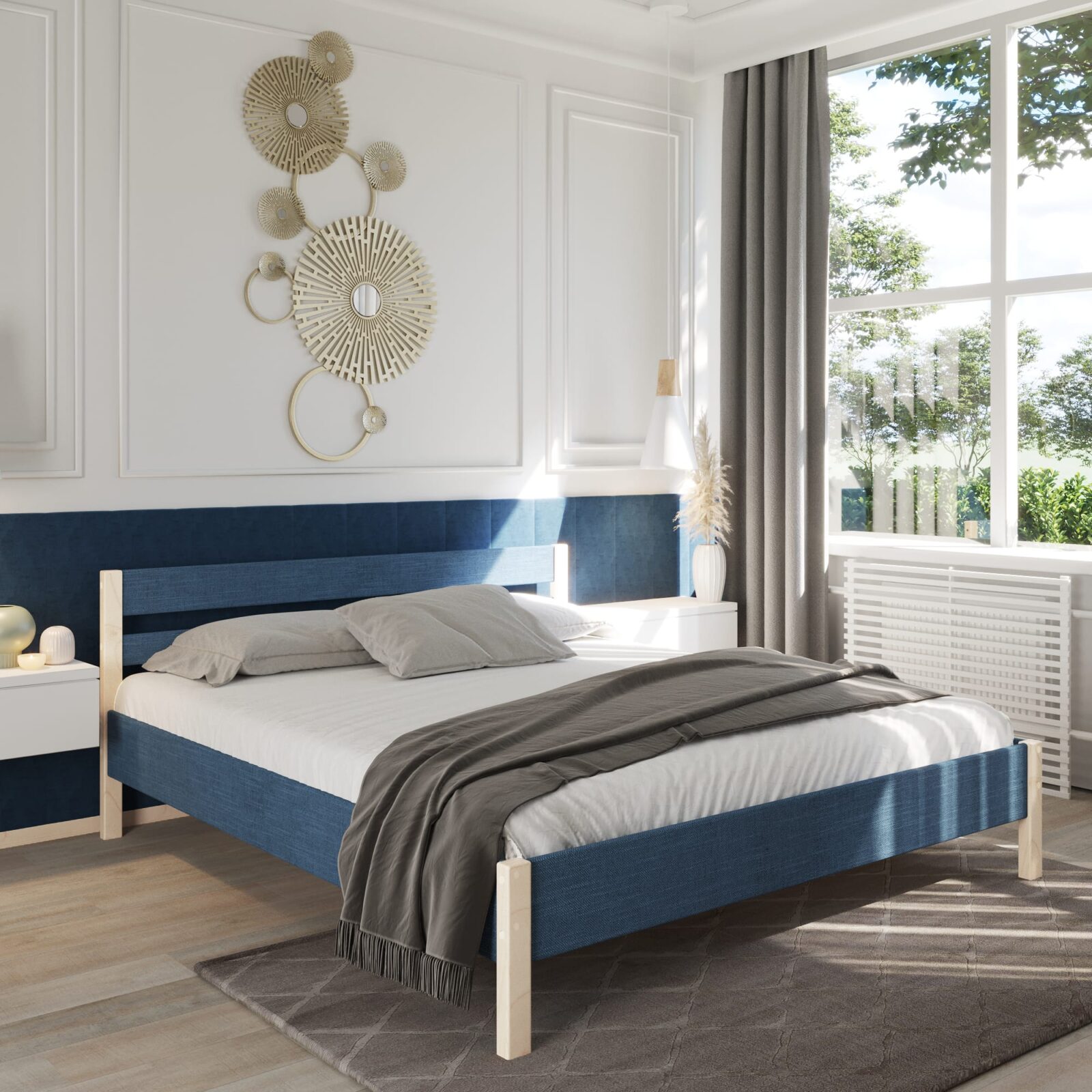 Двуспальная кровать голубого синего цвета